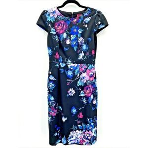 Betsey Johnson Wiggle Dress Black Floral Cap Sleeve Sheath